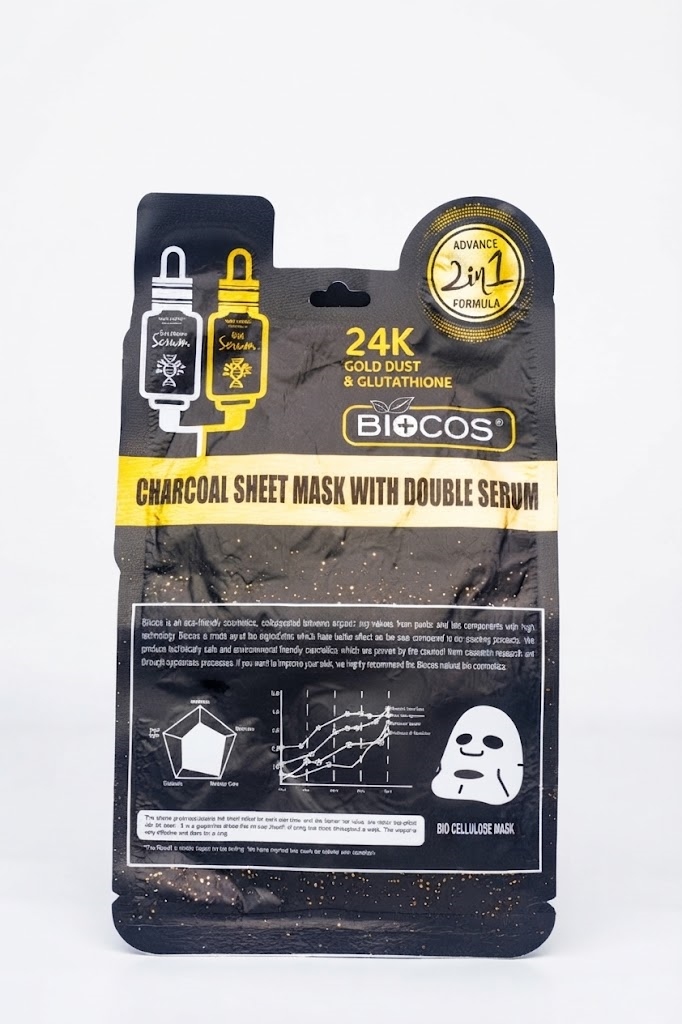 Biocos 24K Gold Dust & Glutathione Charcoal Sheet Mask with Double Serum 25g