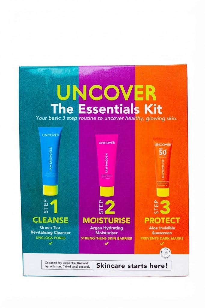 Uncover The Essentials Kit (3-Step Routine) Cleanser: 120ml, Moisturiser: 100ml, Sunscreen: 80ml